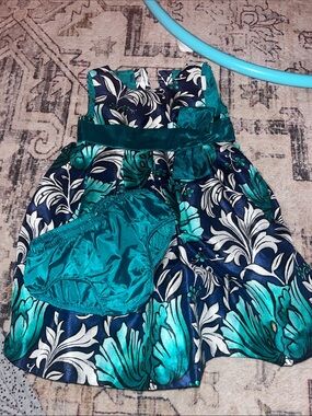 Gymboree Teal and Navy Floral Satin Dress with Waist Bow